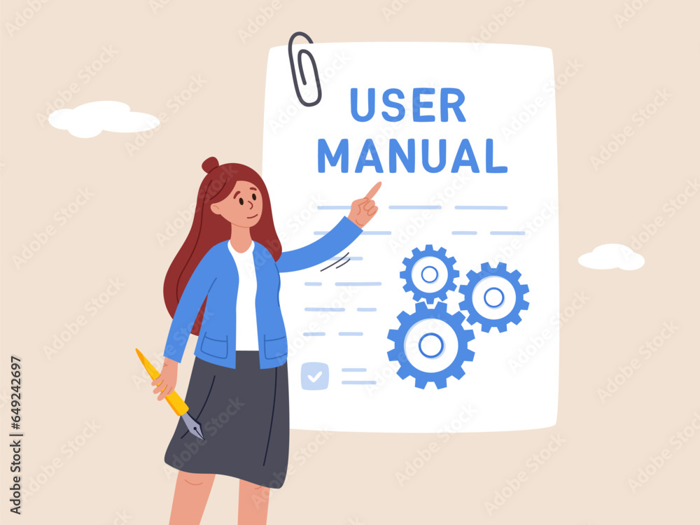 Poster customer guide, useful information, technical document concept. woman read user manual book. manager