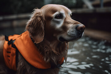 Dog Swim, Golden Retrieverin the swimming pool with orange life vest - obrazy, fototapety, plakaty
