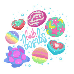 Bath bombs. Vector isolated illustration with lettering.