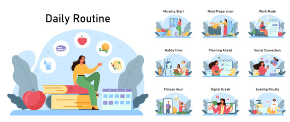 Female character daily routine and schedule. Active and healthy lifestyle