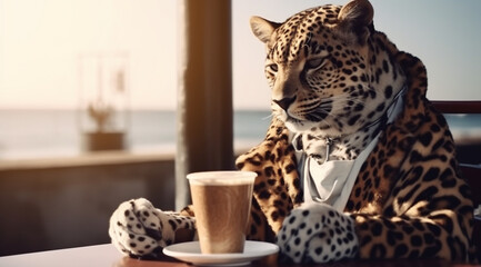 Leopard sitting in cafe, created with Generative AI technology - obrazy, fototapety, plakaty
