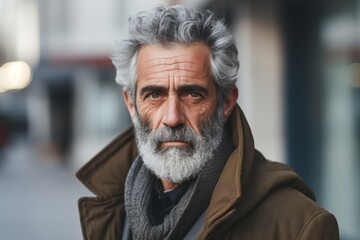 Portrait of a senior man with gray hair and beard wearing a coat in the city.