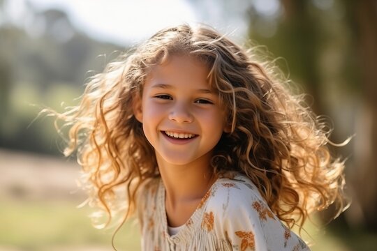 Portrait of a cute little girl with long curly hair in the park