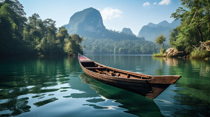 Longtail Boat in Ratchaprapha Dam Khao Sok National Park in Thailand.