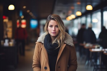 Portrait of a beautiful young woman in winter coat at the cafe