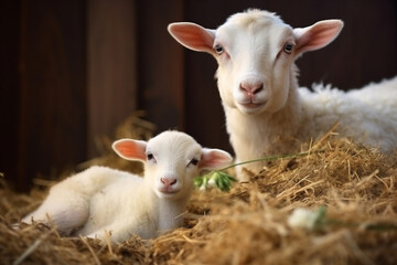 Naklejka na ściany i meble Grass farming domestic goat green cute sun rural baby landscape animals