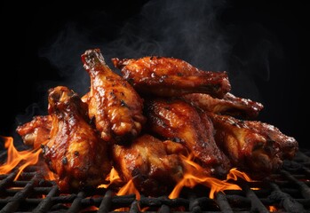 Chicken wings smeared with burning hot sauce and smoking on the grill on black background. Perfect for adding fiery and appetizing elements to restaurant menus, food blogs, or barbecue-themed designs. - obrazy, fototapety, plakaty