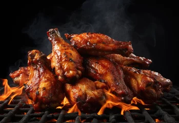 Gordijnen Chicken wings smeared with burning hot sauce and smoking on the grill on black background. Perfect for adding fiery and appetizing elements to restaurant menus, food blogs, or barbecue-themed designs. © alauli