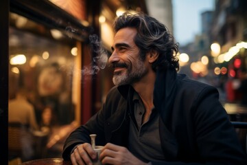 Handsome bearded man smoking a cigarette while sitting in a cafe