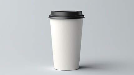 White paper cup with black lid on gray background. Suitable for branding, advertising, mockup or...