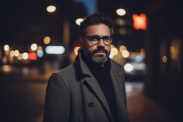 Portrait of a handsome bearded man in a coat and glasses on the street at night
