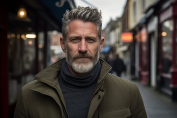 Fototapeta premium Portrait of a handsome middle-aged man with gray beard and mustache in the city.