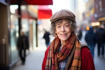 Portrait of senior woman with scarf and hat in the city.