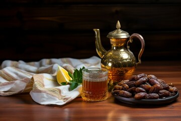 Obraz na płótnie Canvas Preparing Ramadan iftar A tea pot, dates, and traditional food on wooden background