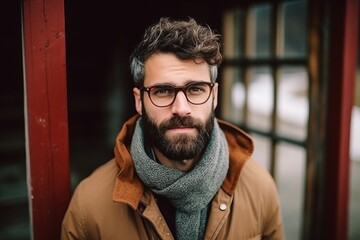 Obraz premium Portrait of a handsome bearded man wearing glasses and a warm scarf