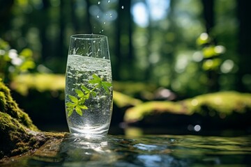 Savoring natural mineral water in a forested paradise, a serene summer escape - obrazy, fototapety, plakaty