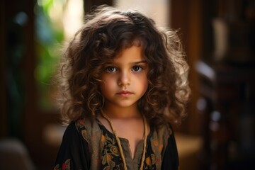 Portrait of a beautiful little girl with long curly hair in the room