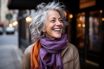 Portrait of a happy senior woman in winter coat and scarf smiling