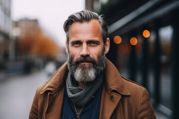 Portrait of handsome mature man with grey beard and mustache in brown coat on city street