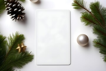 a blank white card on a white background surrounded by pine Christmas decorations. generative ai