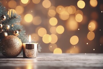 Christmas decoration, Xmas baubles and candle on a wooden table, bokeh lights background, copy space