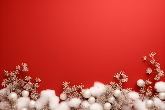 a red background with a border of white and silver Christmas decorations of white and silver snowflakes, baubles, and white cotton balls. generative ai