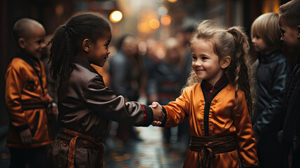 Two children handshaking to each other for joining agreement to compete the sport with crowd background. - obrazy, fototapety, plakaty