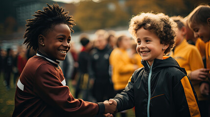 Two children handshaking to each other for joining agreement to compete the sport with crowd background. - obrazy, fototapety, plakaty