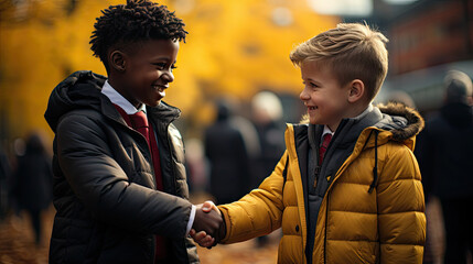 Two children handshaking to each other for joining agreement to compete the sport with crowd background.