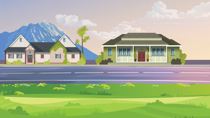 Beautiful mountain village with road and greenery. two house at road side are.  