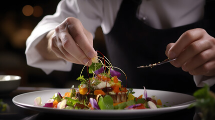 Close-up shot of a expert chef plating a gourmet dish in high-end restaurant delicately arranging...