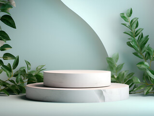 White round stone podium on green background with green leaves, modern product presentation