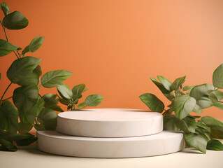 White round stone podium on blue background with orange leaves, modern product presentation