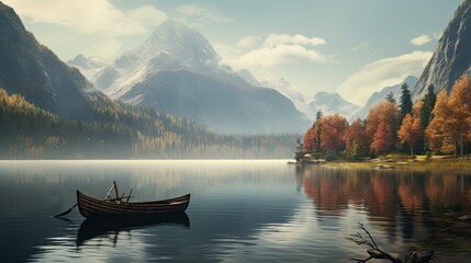 A boat is docked at a lake in front of a mountain rang - obrazy, fototapety, plakaty