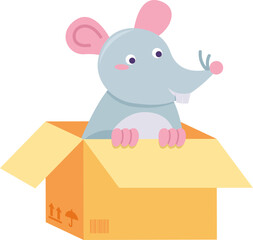 Small adopt gray rat sits in cardboard box for birthday gift. Homeless mouse. Pets and animals care concept. Vector cartoon illustration isolated on white background