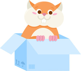Small adopt red hamster sits in cardboard box for birthday gift. Homeless guinea pig. Pets and animals care concept. Vector cartoon illustration isolated on white back