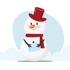 Illustration of a snowman holding a letter. Cartoon vector illustration.