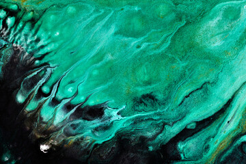 Exclusive beautiful pattern, abstract fluid art background. Flow of blending green black paints mixing together. Blots and streaks of ink texture for print and design