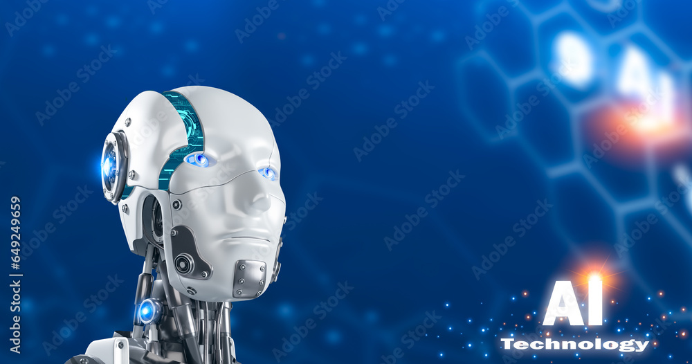 Poster futuristic artificial intelligence ai technology background. 3d rendering robot head with digital me