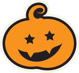 Festive smiling pumpkin stroked sticker. Holiday festive badge emblem. Decorative smiling pumpkin element for scrap booking, greeting card, party invitation. Color vector isolated on white background