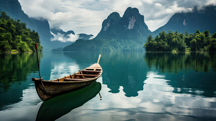 Longtail Boat in Ratchaprapha Dam Khao Sok National Park in Thailand.