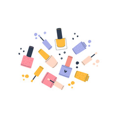 Vector composition of nail polishes, brushes and drops. A flat cartoon illustration isolated on a white background.