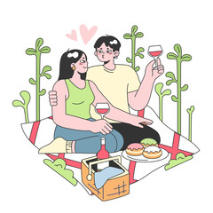 Cute romantic couple on a romantic picnic drinking wine. Young woman