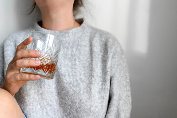 Depressed sad addicted woman feeling bad drinking whiskey alone , stressed frustrated lonely female drinker alcoholic suffer from alcohol addiction having problem, alcoholism concept. - obrazy, fototapety, plakaty