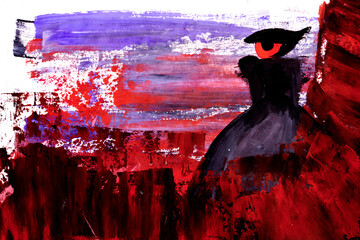 Abstract red background. Watercolor ink art collage. Stains, blots and brush strokes of acrylic paint.