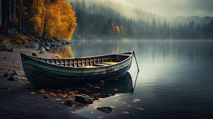 A boat that is sitting on the shore of a lake