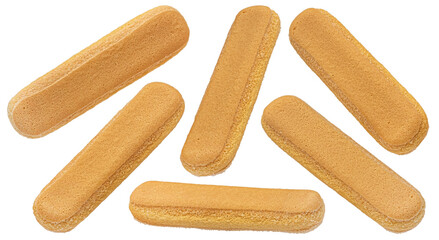 Italian savoiardi biscuits, ladyfinger cookies isolated on white background, full depth of field