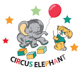 Circus elephants with Balloon and trainer dog