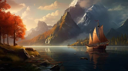 Schilderijen op glas A boat with a mountain in the background © Berkahmu