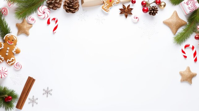 Christmas composition. Frame made of christmas decorations on white background. Flat lay, top view, copy space
